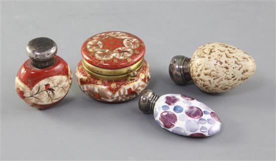 A Macintyre egg scent bottle, two other silver mounted scent bottles and a Kutani box and cover, 5cm - 6cm